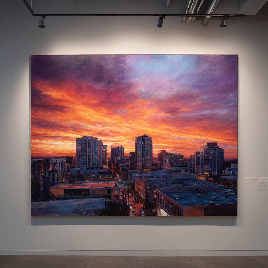 A painting of the city skyline in an art gallery | Source: no source