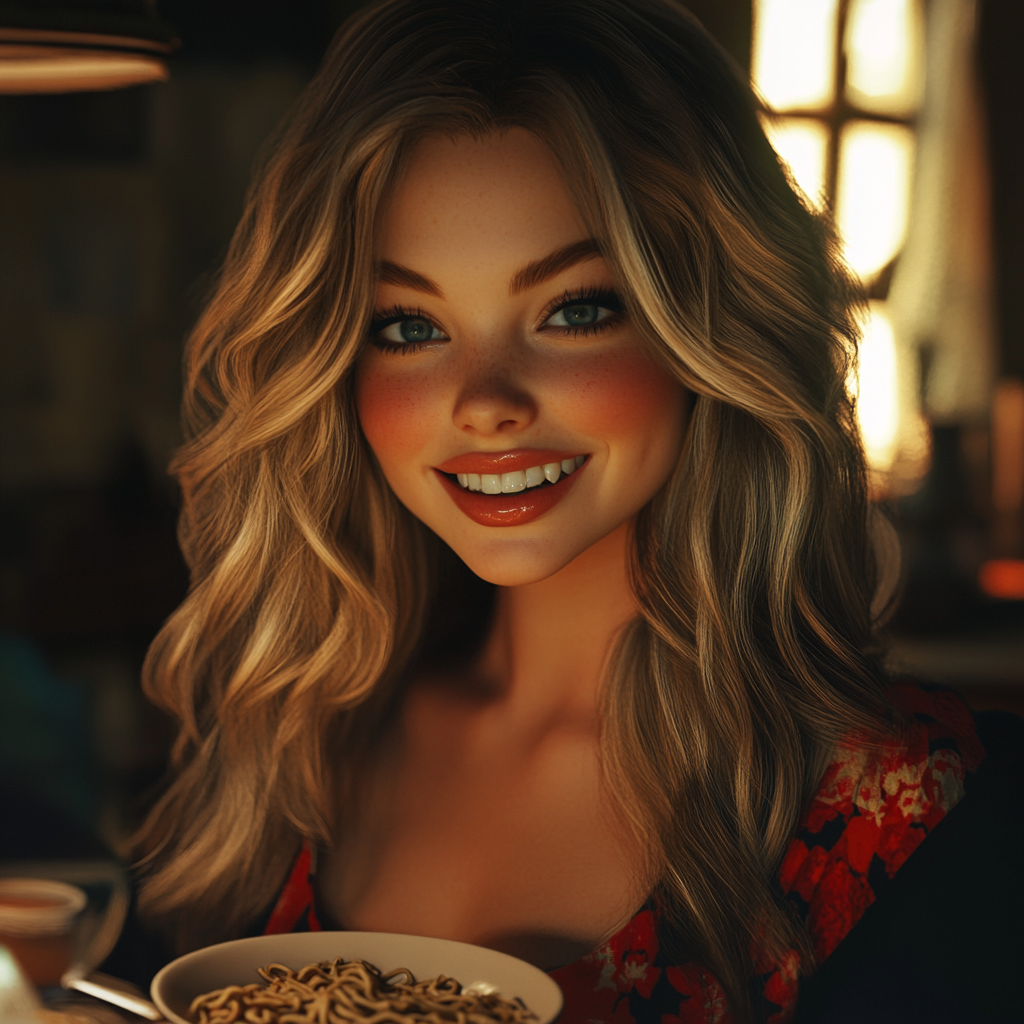 A smiling woman seated at a dining table and admiring someone | Source: no source