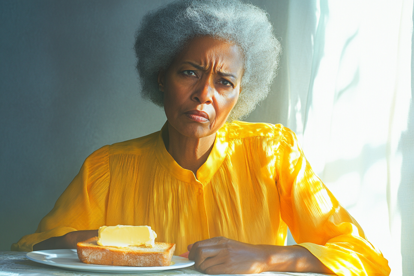 An older woman sitting at a table with toast on her plate, frowning | Source: no source