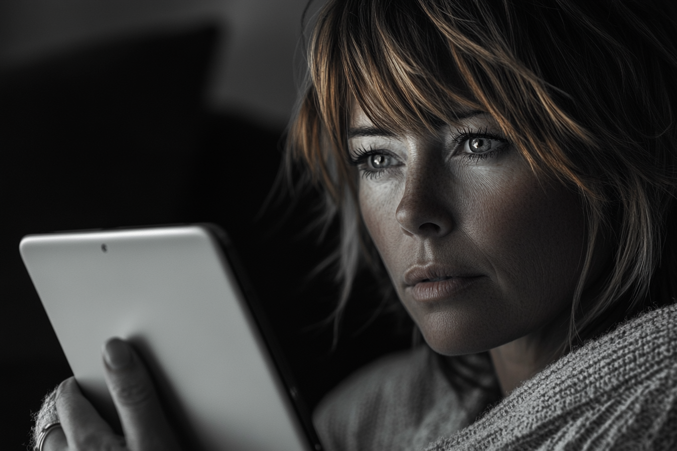 A woman staring at her tablet | Source: No source