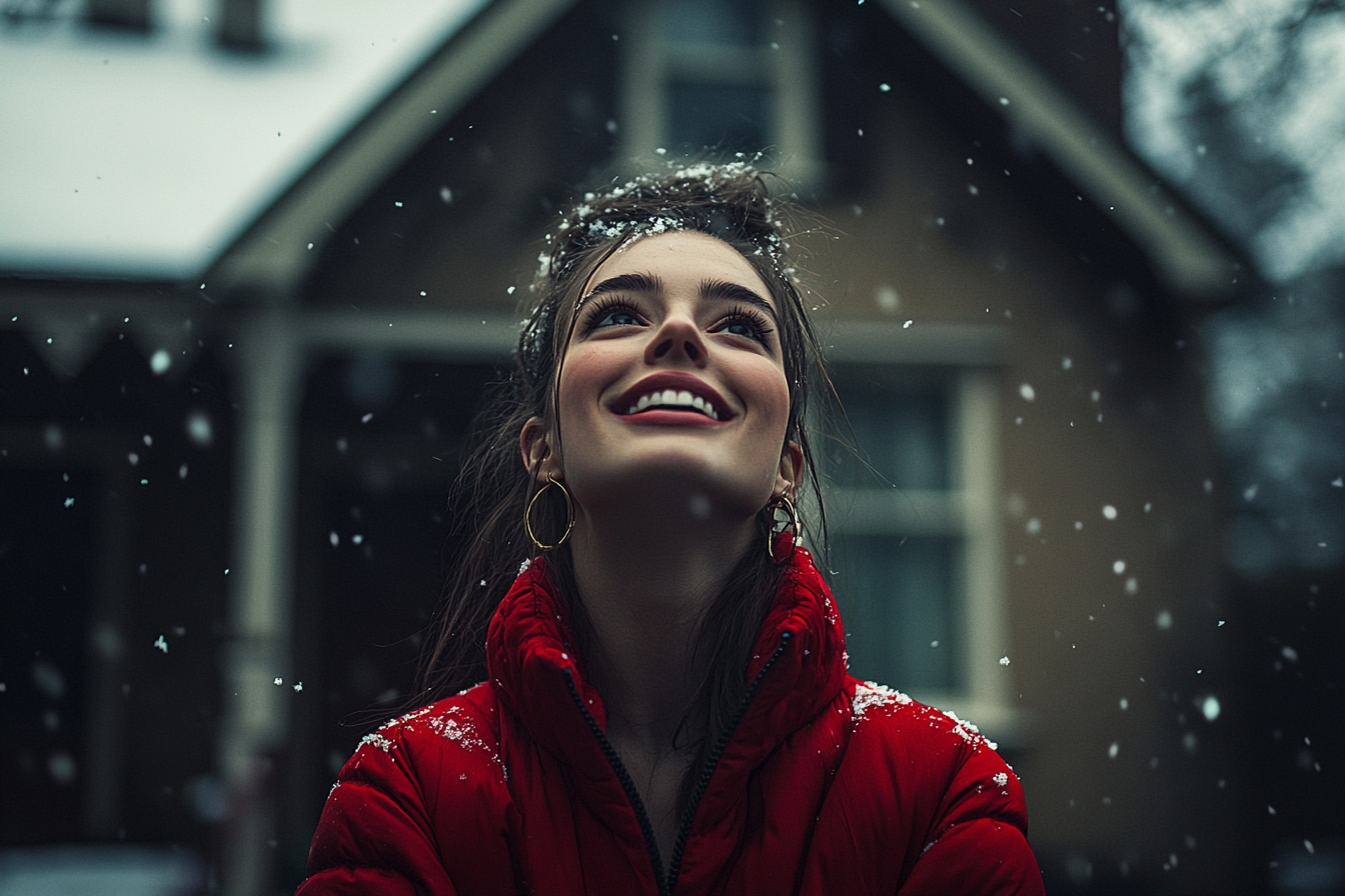 A woman in her 30s smiling widely standing outside a house watching snow fall while wearing a red jacket | Source: no source