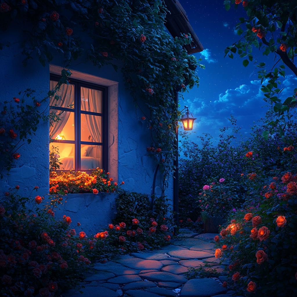 Night view of a cottage window from a breathtaking garden | Source: no source