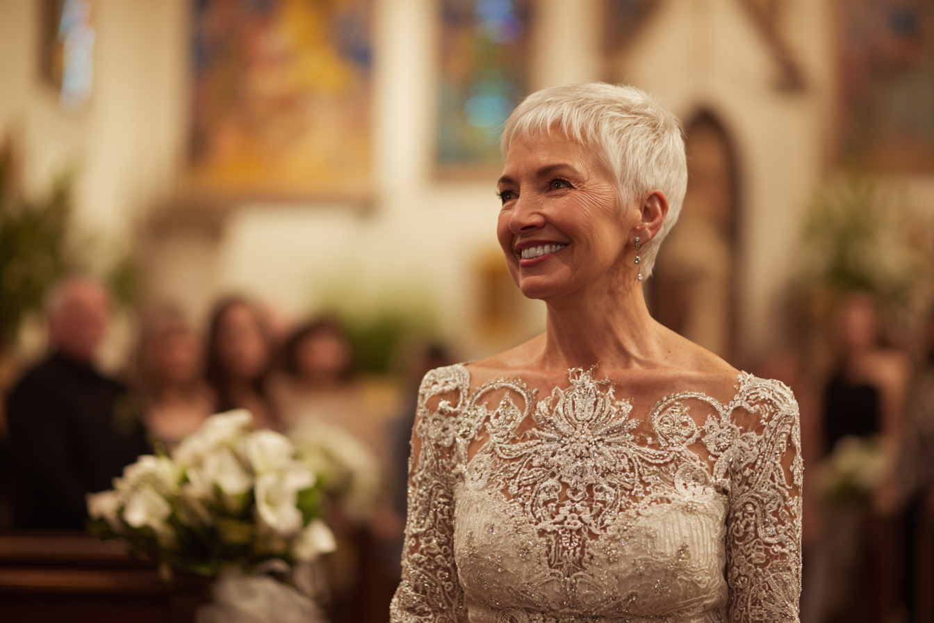 A mature woman wearing a white lace dress | Source: No source