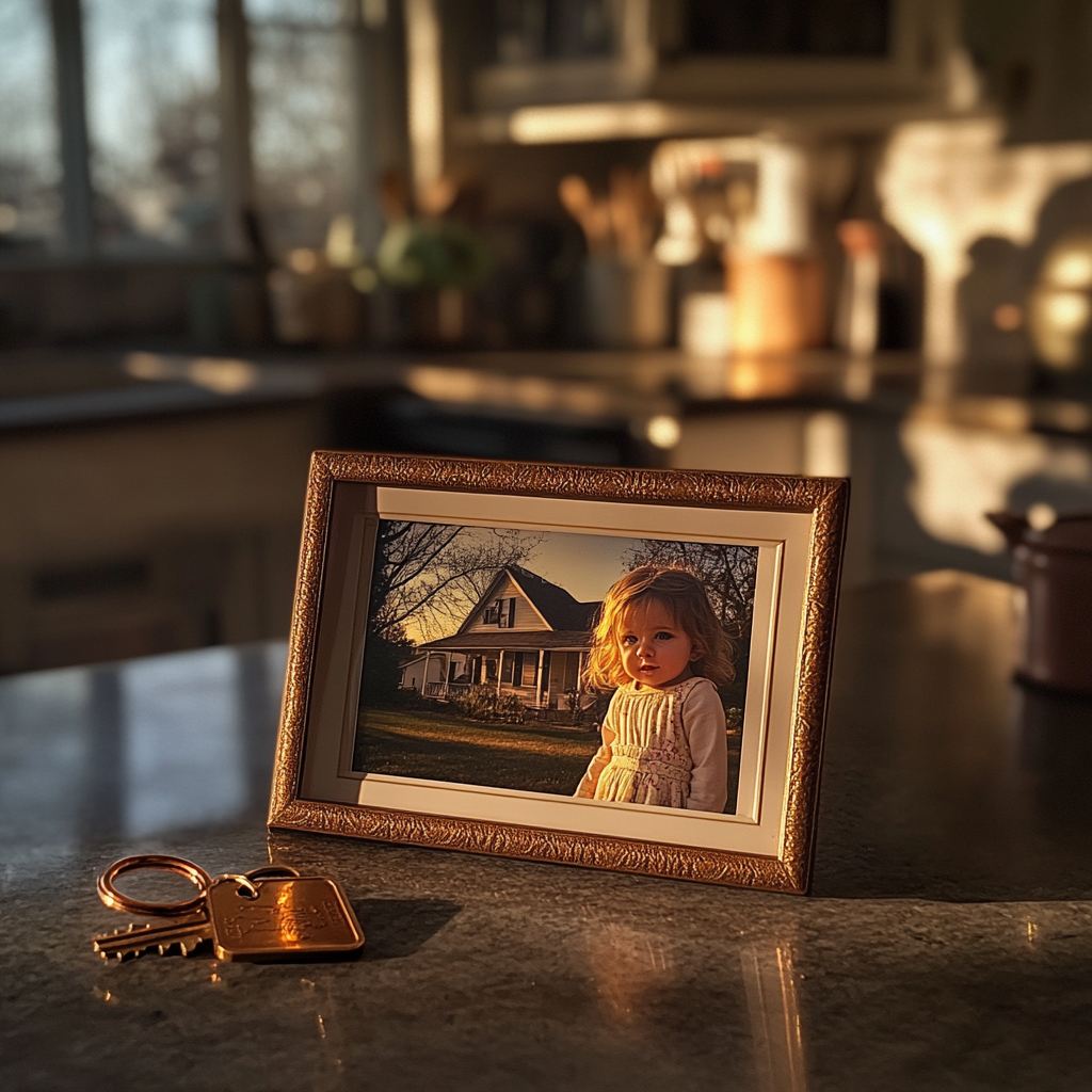 A key beside a photo frame on a kitchen counter | Source: No source