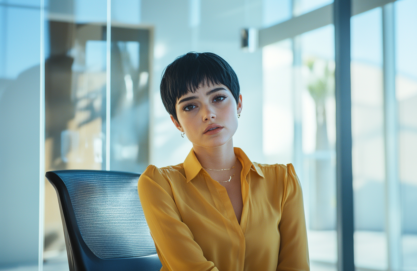 A woman sitting on a chair in a professional office, looking worried and nervous | Source: no source