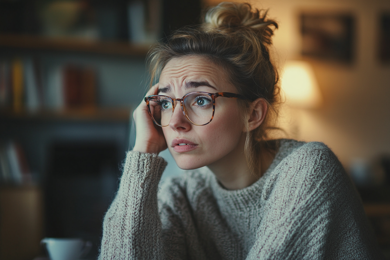 A worried-looking woman in a home office | Source: no source