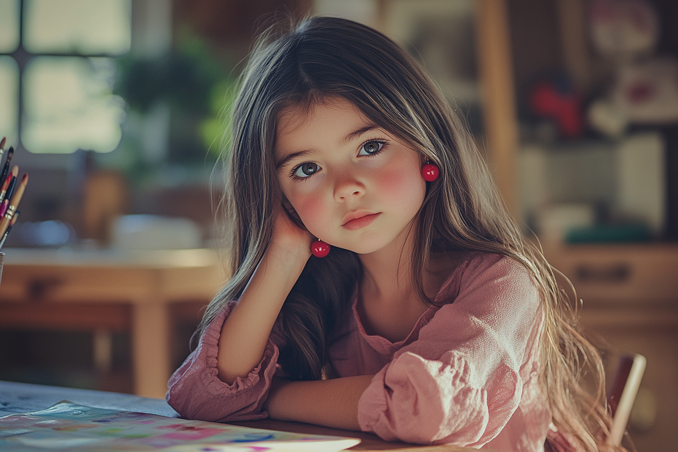 A 5-year-old girl sitting on a table, looking thoughtful while painting | Source: No source