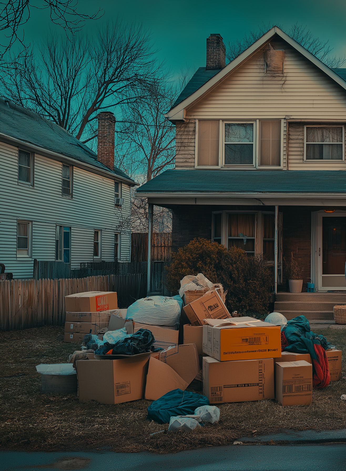 The front of a house with boxes on the lawn | Source: No source