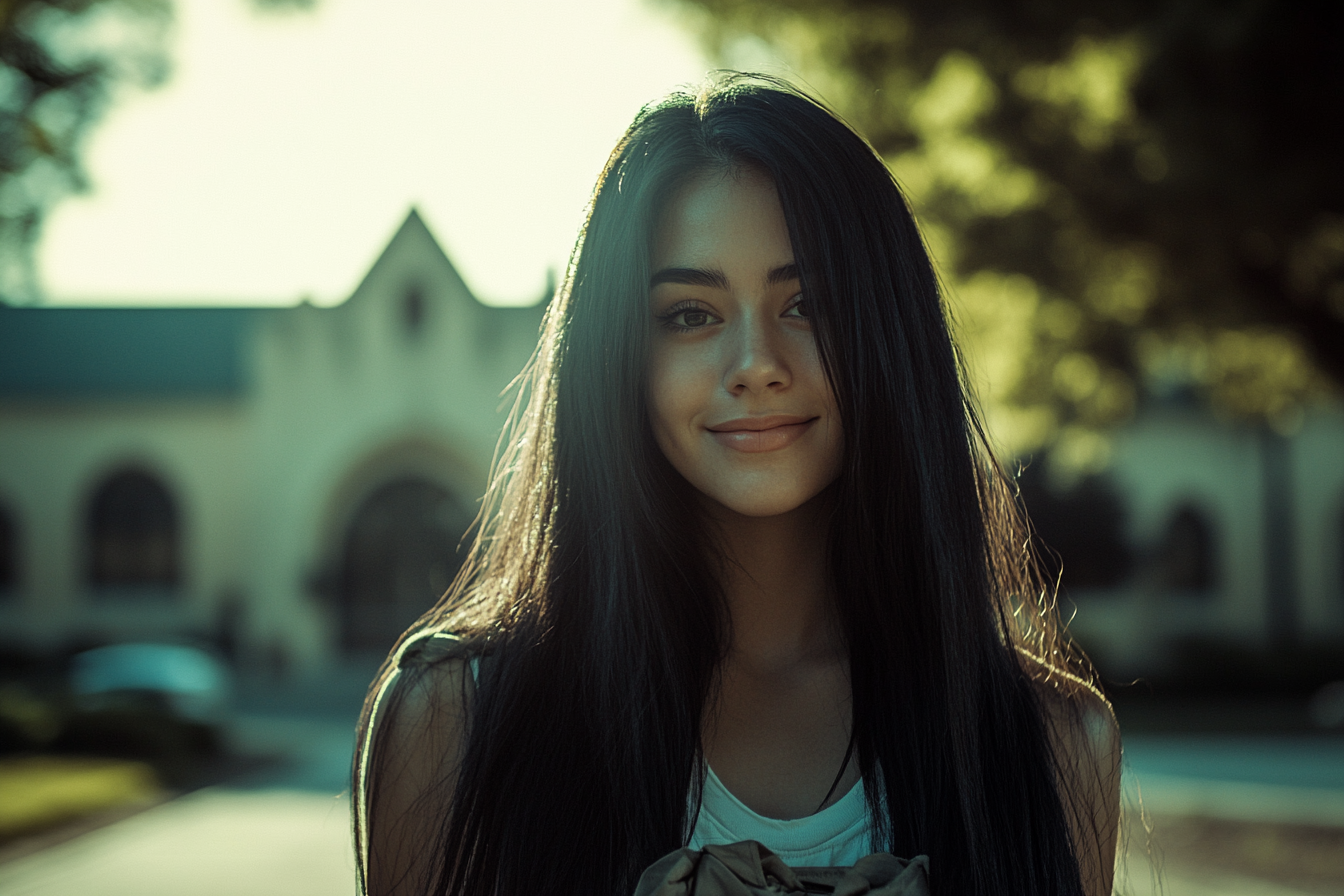 A young woman smiles while walking on a university campus | Source: no source