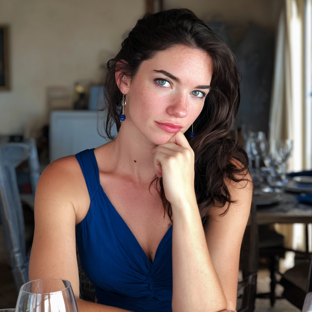 A woman sitting at a dining table in a blue dress | Source: no source