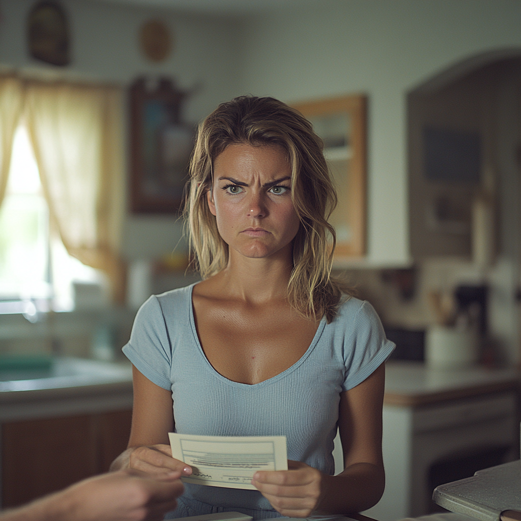 An angry woman handing over a check | Source: No source