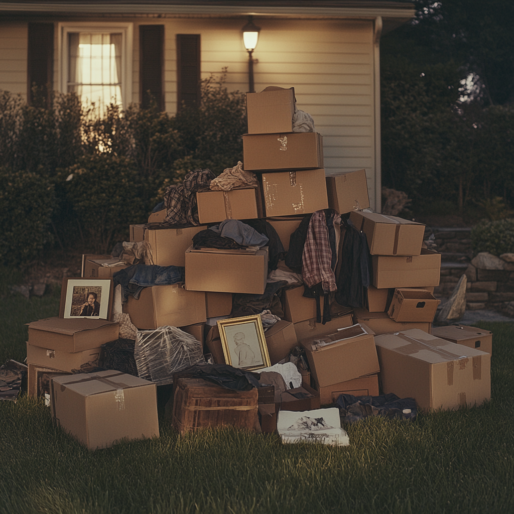 Clothes and personal belongings stashed in a pile of boxes outside a house | Source: no source