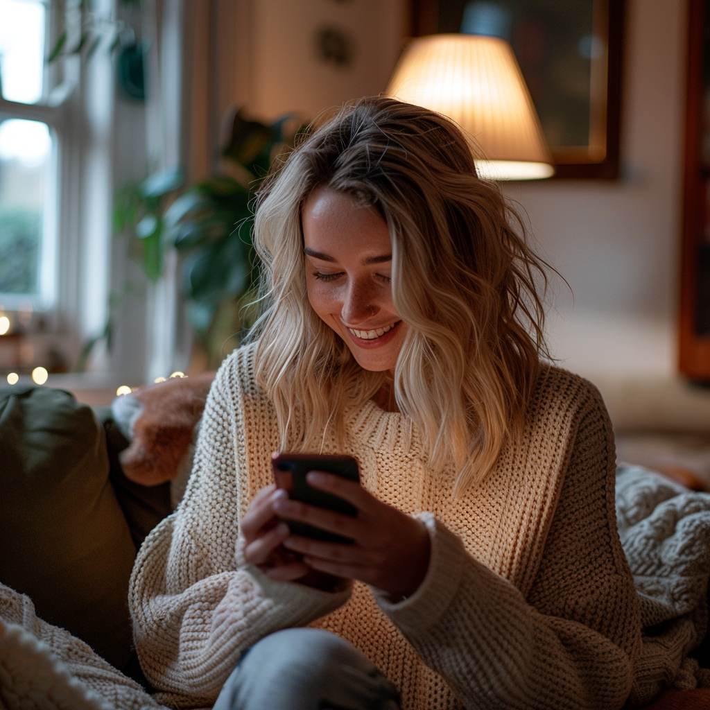 A young woman smiling while using her phone | Source: No source