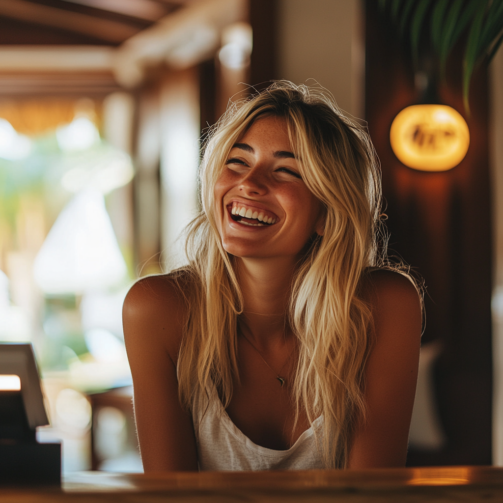 A laughing blonde woman at a front desk | Source: no source