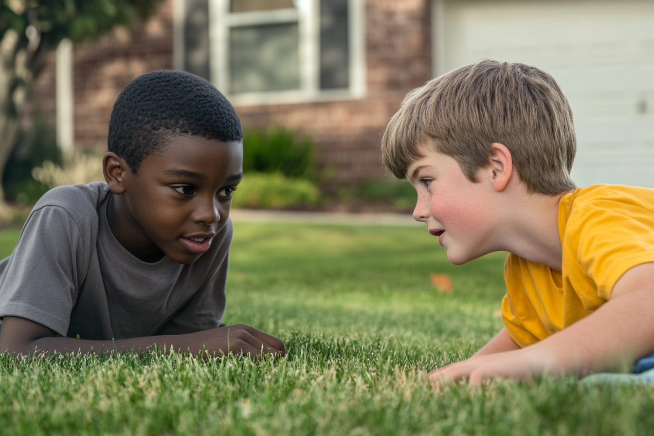Two boys playing on a front lawn | Source: no source