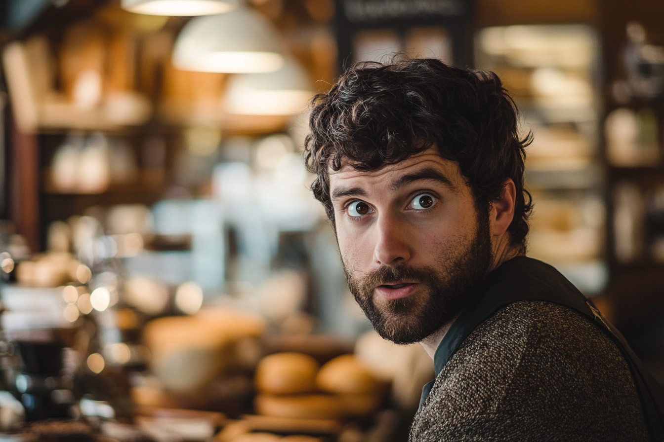 A confused man in a bakery | Source: No source