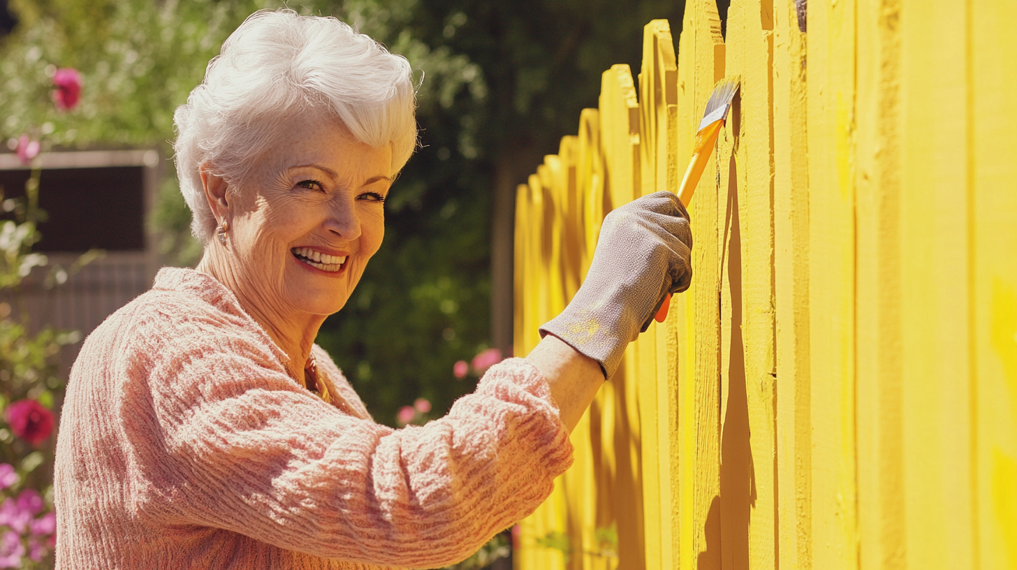 Elderly woman painting fence in yellow | Source: No source