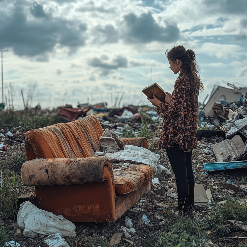 Woman standing next to an old couch in a dumpsite | Source: No source
