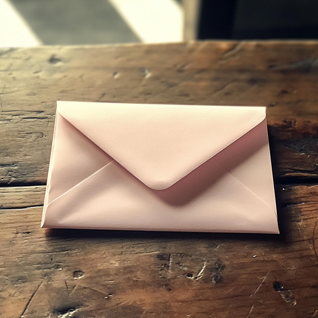 A pale pink envelope on a kitchen table | Source: no source
