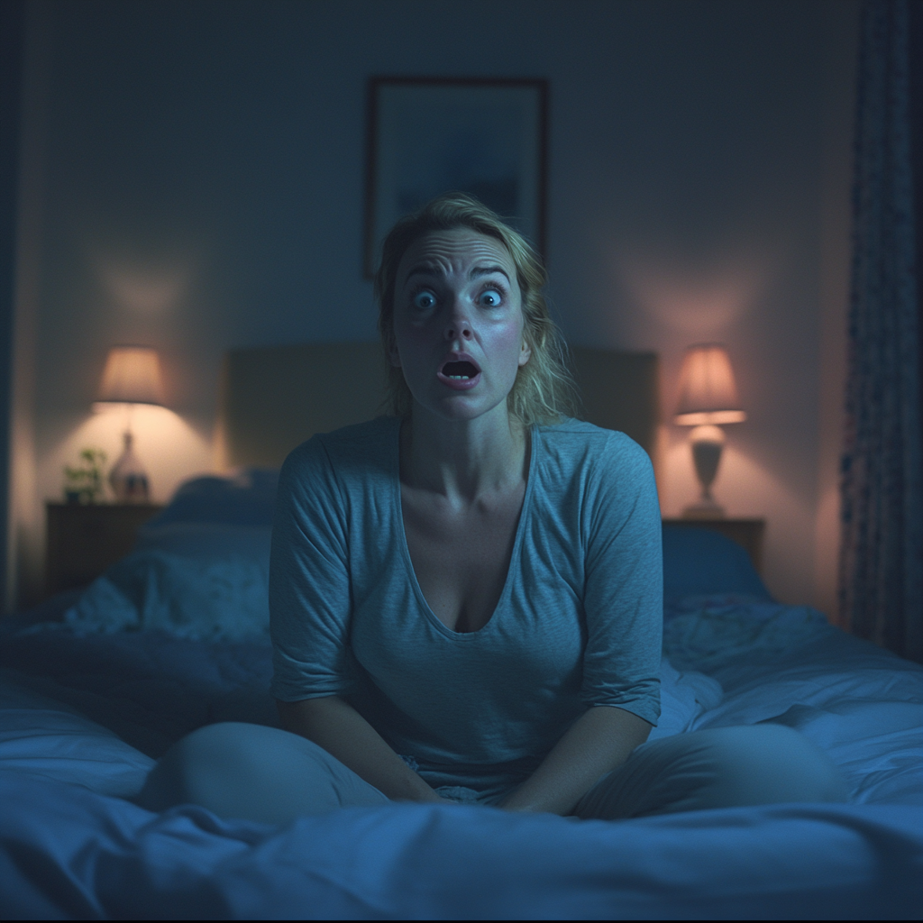 A shocked woman sitting on her bed | Source: no source