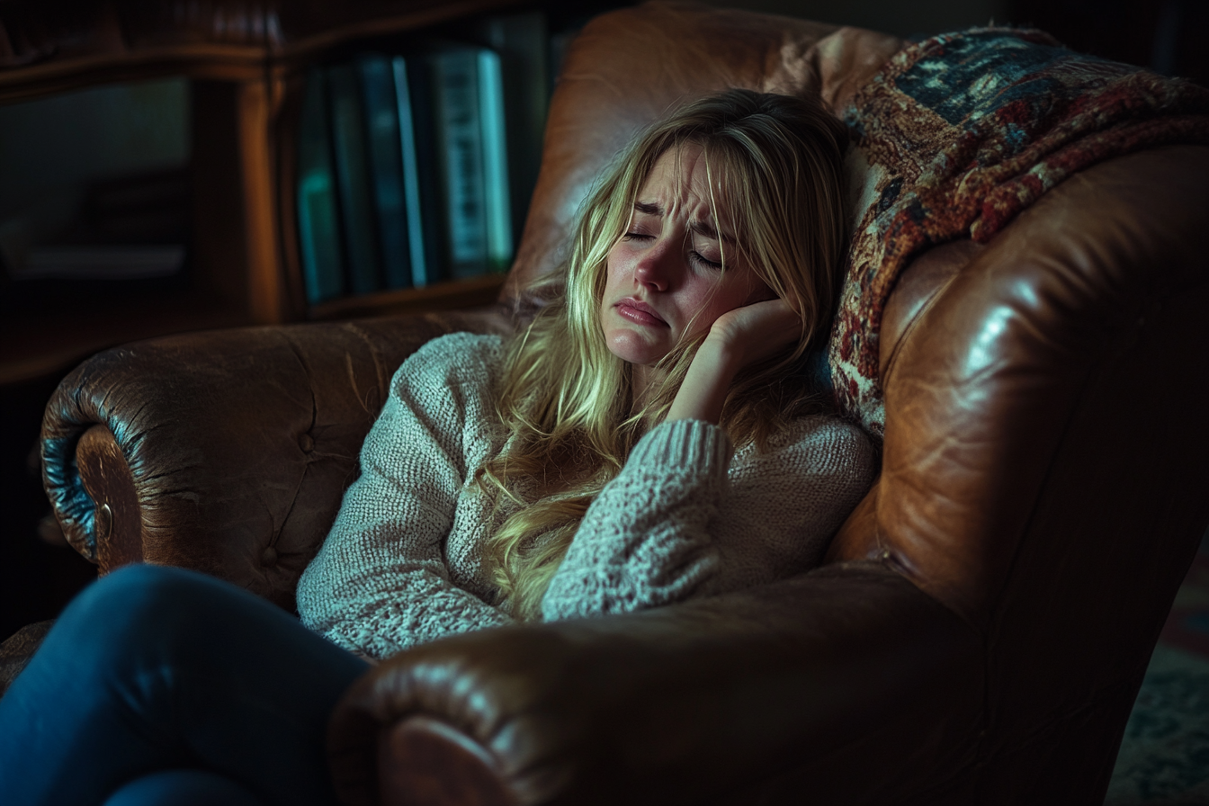 A woman in an armchair sobbing | Source: No source