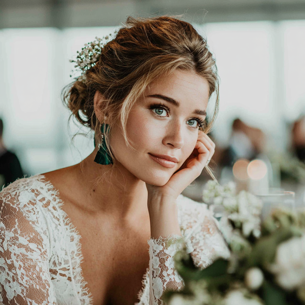 A bride sitting at a table at her wedding reception | Source: No source