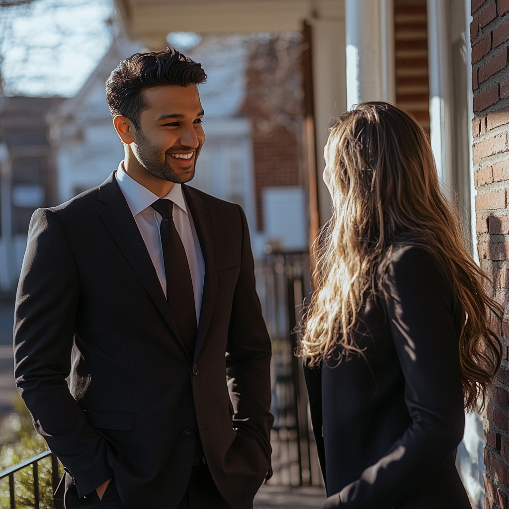 A man talking to a young woman on her porch | Source: No source