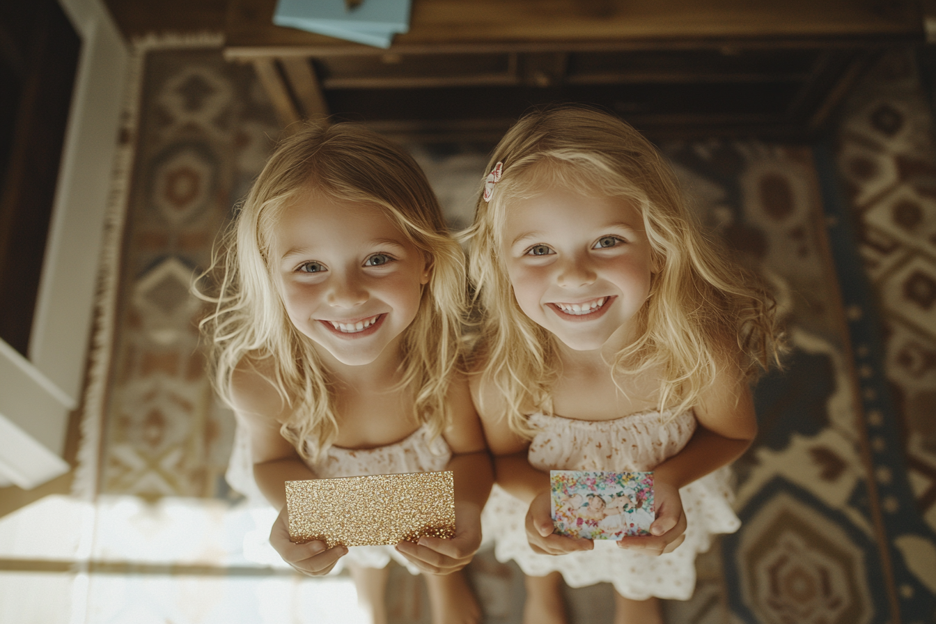 Twin blonde girls, 5 years old, smile while holding cards in the living room | Source: No source