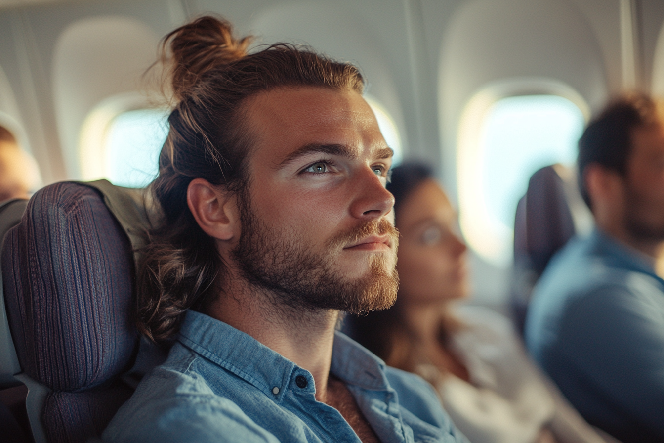 A man sits thoughtfully while flying on an airplane | Source: no source