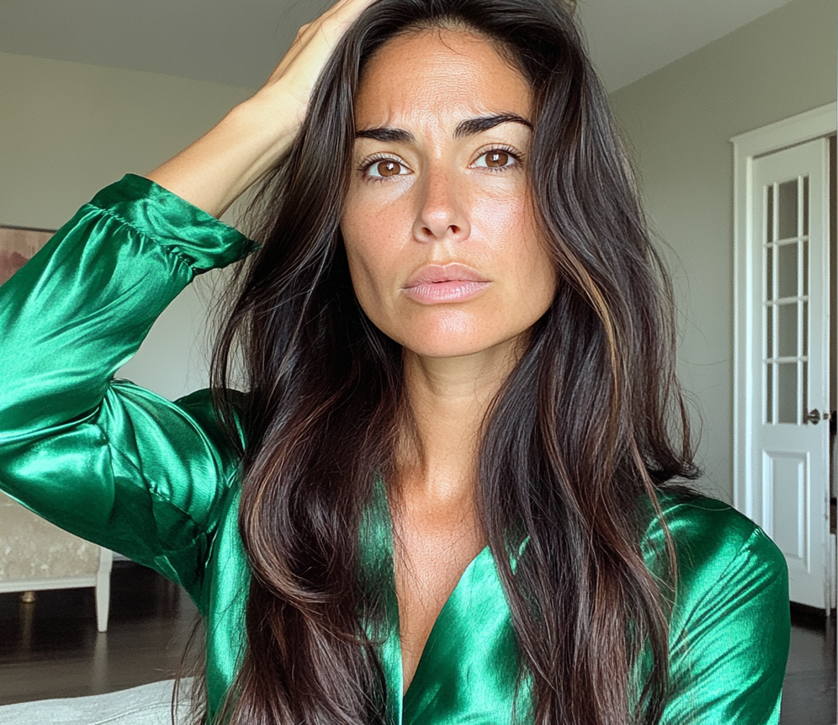A woman in a green blouse holding her head | Source: no source
