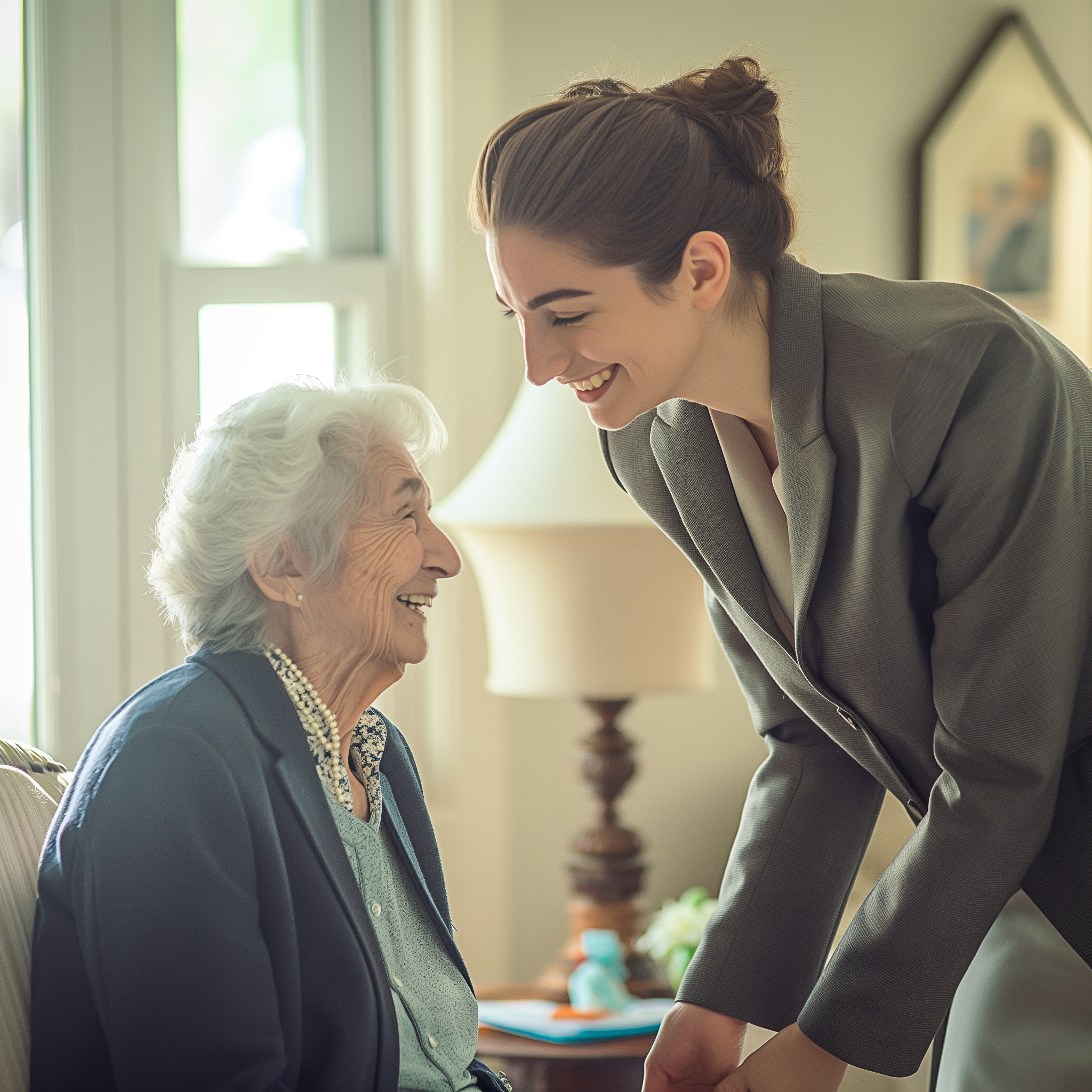 An elegantly dressed woman talking to a senior lady in a nursing home room | Source: no source