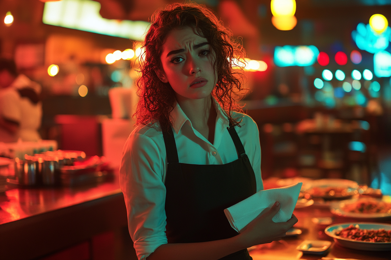 Waitress with a sad face holding a napkin in a restaurant | Source: No source