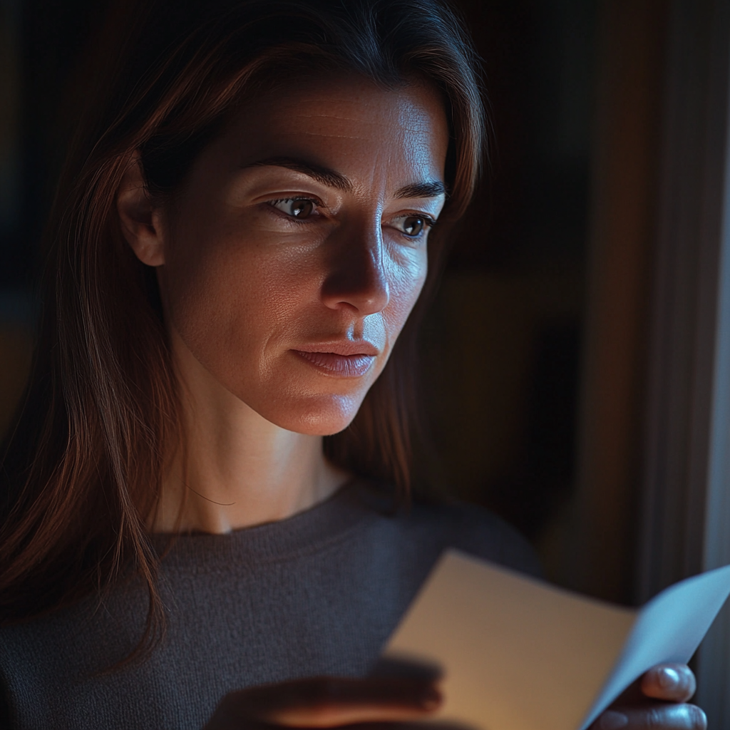 A woman looking at a note in her hands | Source: no source