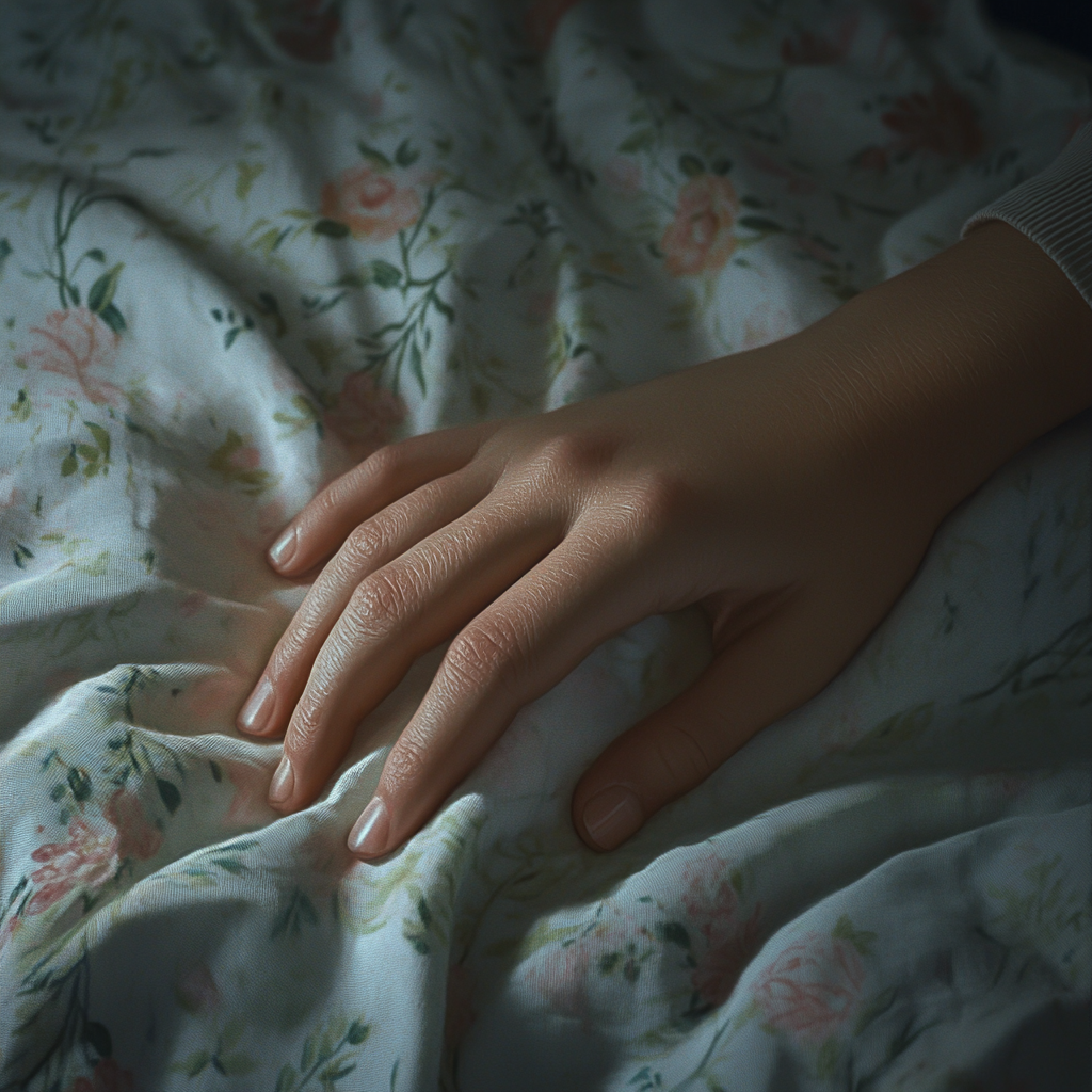 A girl's hand on a bedspread | Source: No source