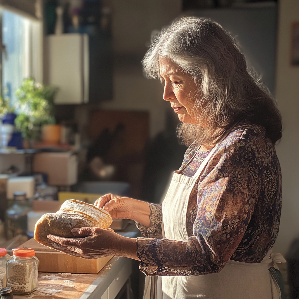 A woman holding a loaf of bread | Source: no source