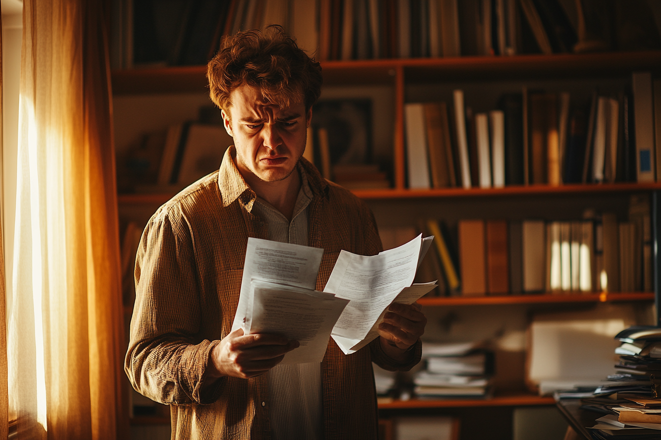 Angry man holding documents in a study | Source: no source