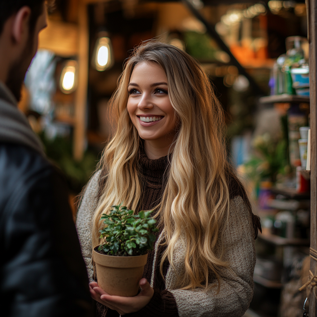 A smiling woman with a potted plant | Source: no source