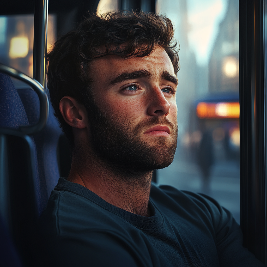 A sad man sitting in a bus | Source: No source
