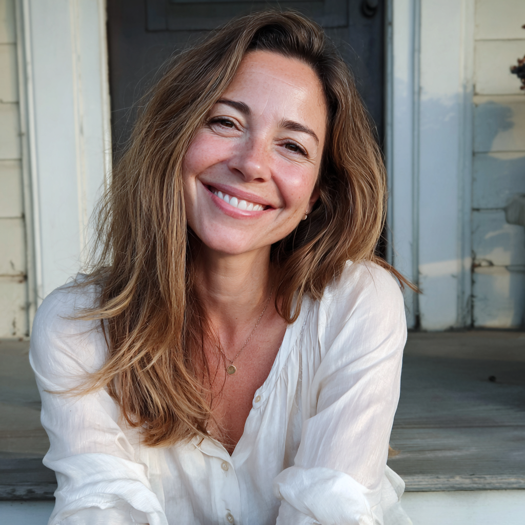 A smiling woman sitting on a porch | Source: No source
