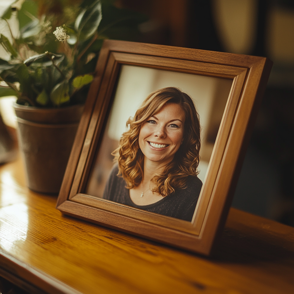 A photo frame containing a woman's picture | Source: no source