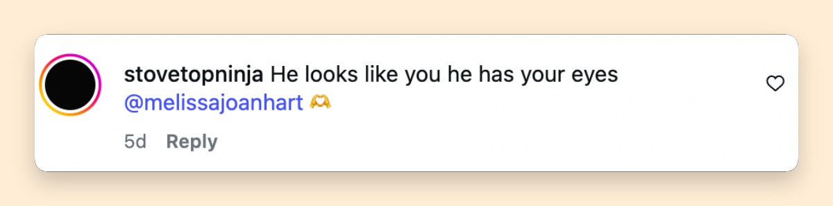 A netizen's comment about Melissa Joan Hart's son from a photo dated March 13, 2026 | Source: Instagram/melissajoanhart