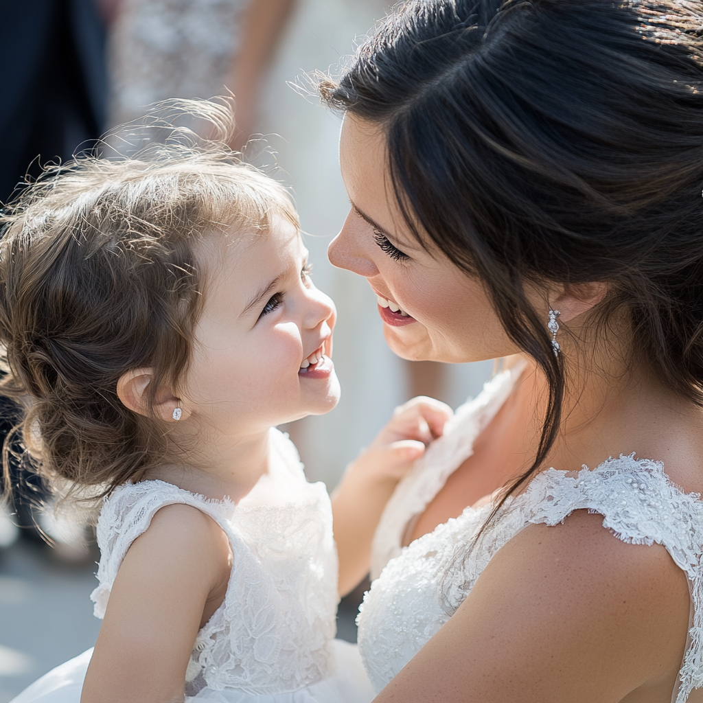 A bride smiling at a little girl | Source: no source