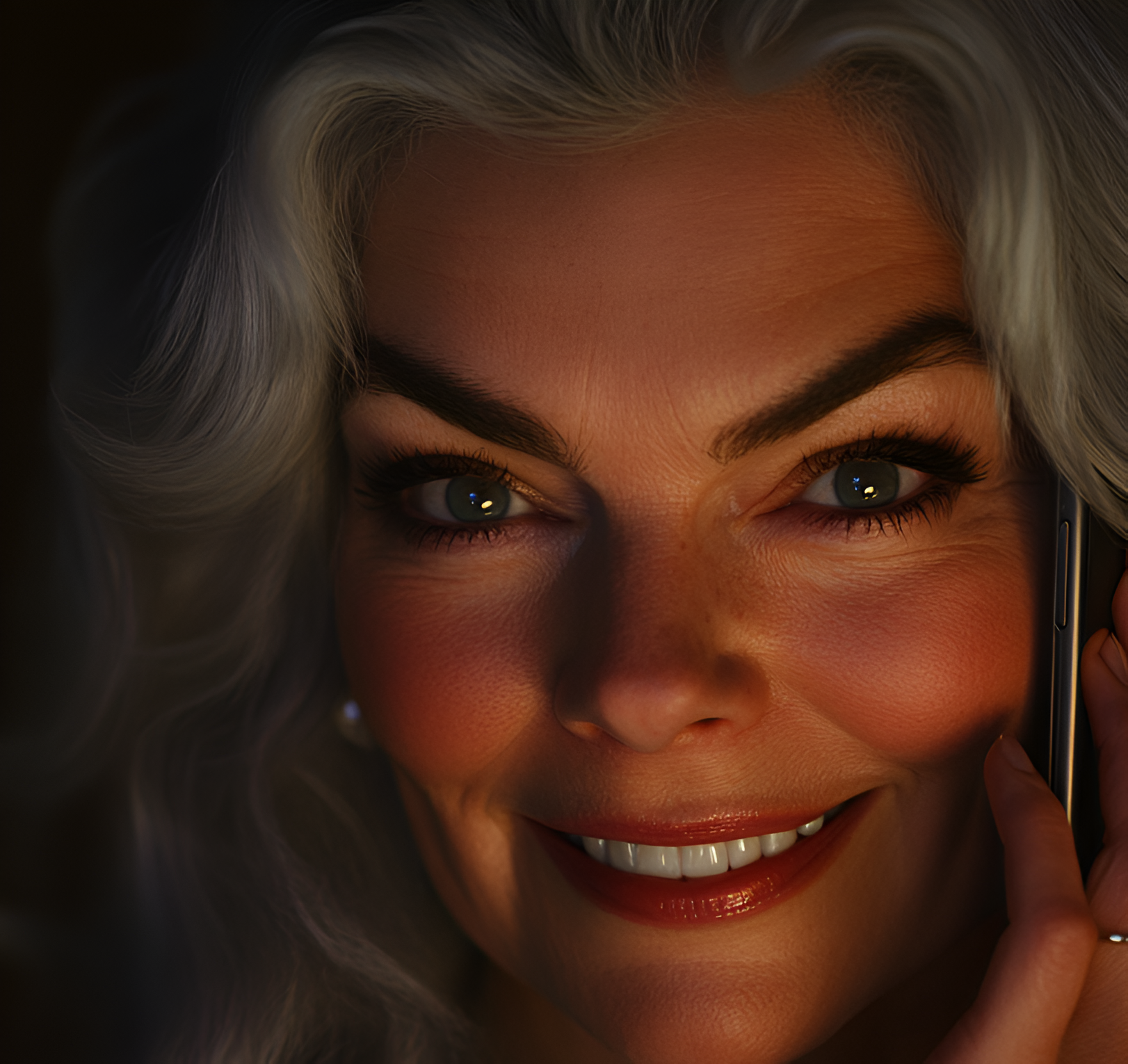 An older lady with a wicked grin as she talks on the phone | Source: no source