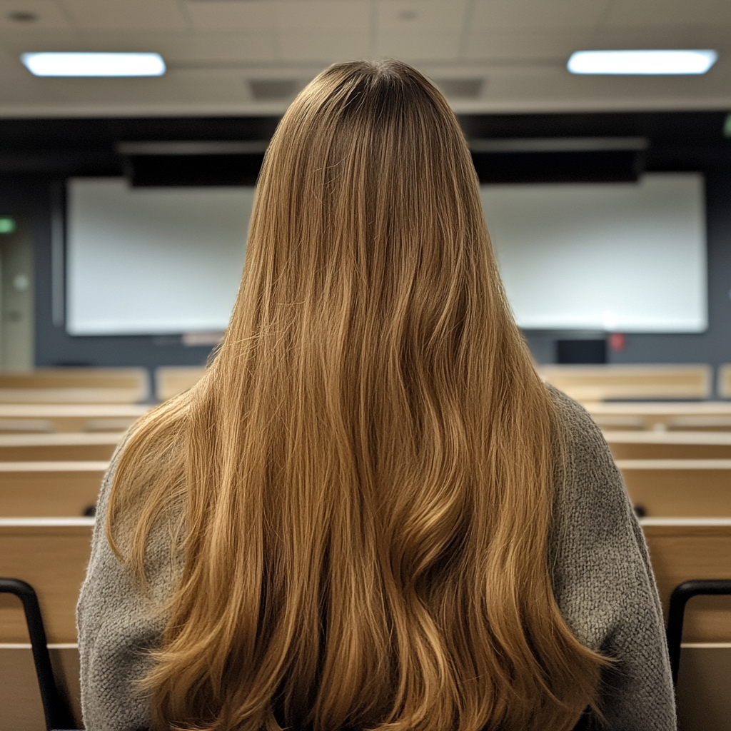A woman sitting in a lecture theatre | Source: no source