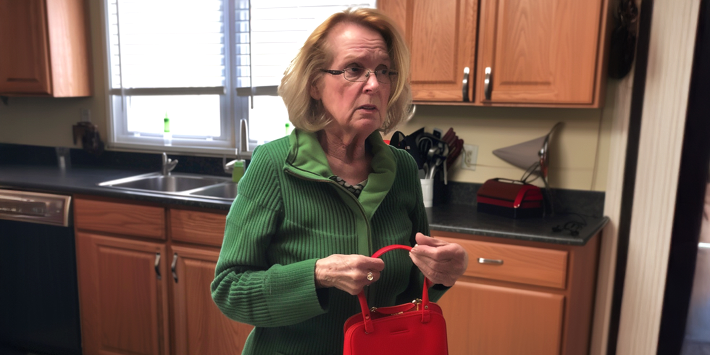 A tense woman in a kitchen holding her handbag | Source: The Celebritist