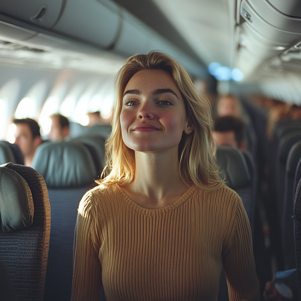 A proud and happy woman walking to her airplane seat | Source: no source