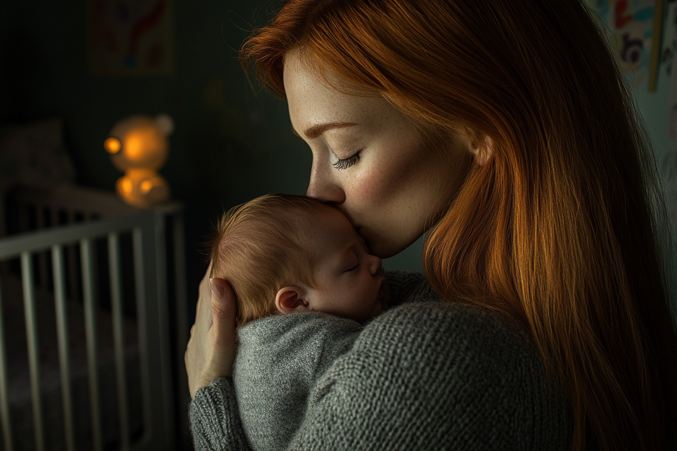 Woman kissing a baby’s head in a nursery | Source: no source