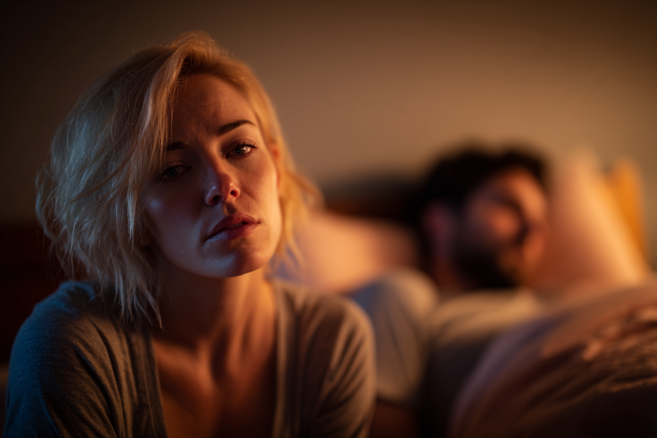 A tired woman sitting on a bed while her husband sleeps | Source:  no source