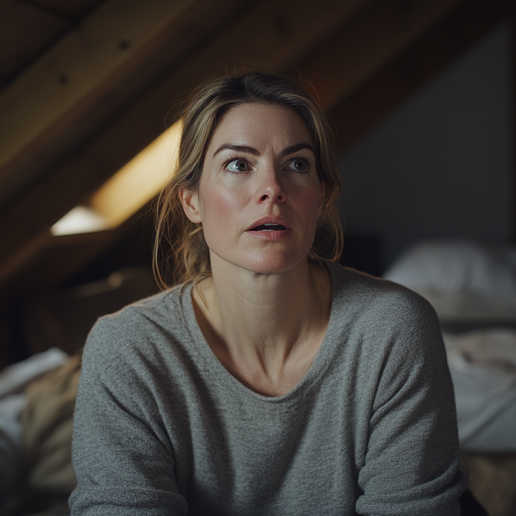 A shocked woman in an attic | Source: no source