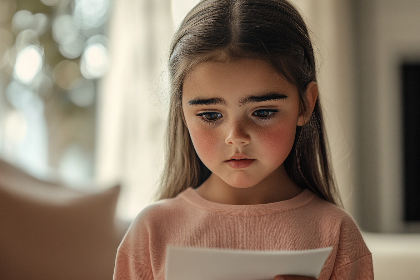 A little girl looking at a piece of paper | Source: No source